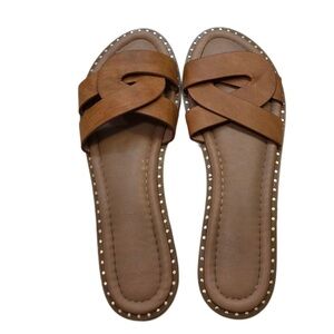Women's Tan Gold Studded Slide Sandals